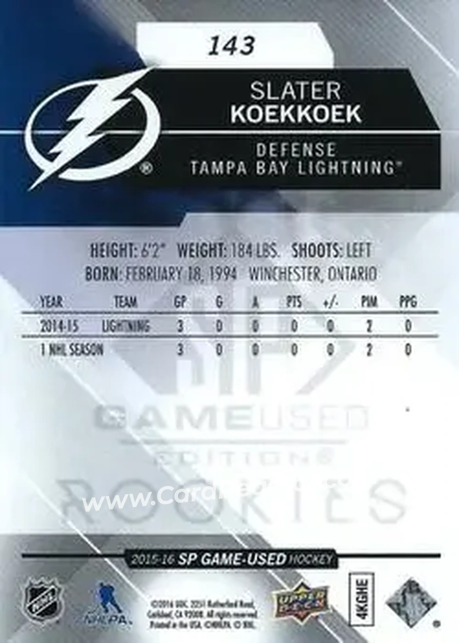 2015-16 SP Game Used #143 - Slater Koekkoek - Tampa Bay Lightning - Back