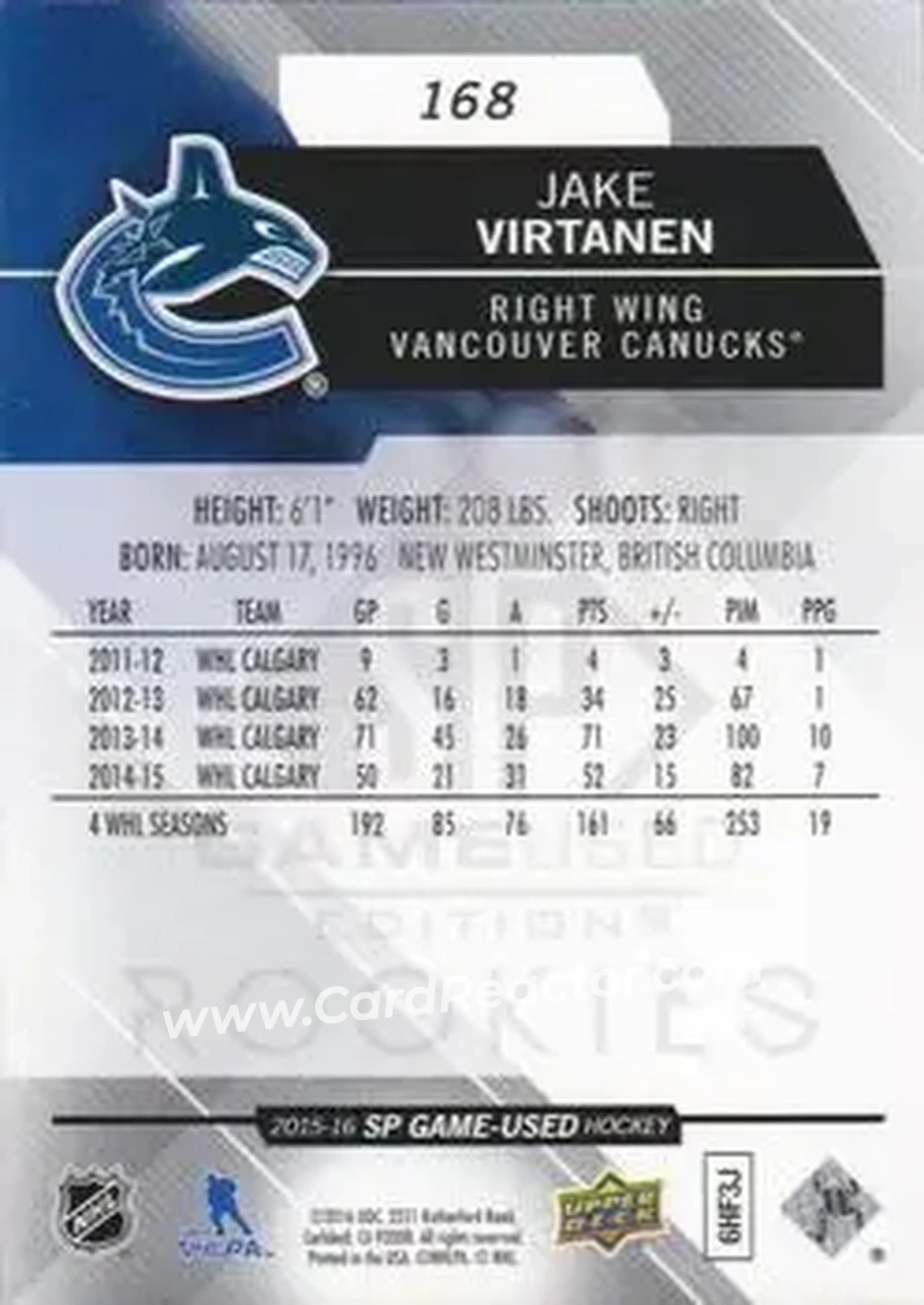 2015-16 SP Game Used #168 - Jake Virtanen - Vancouver Canucks - Back