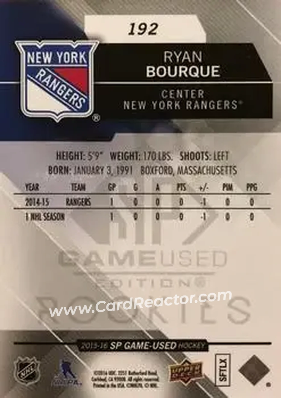 2015-16 SP Game Used #192 - Ryan Bourque - New York Rangers - Back