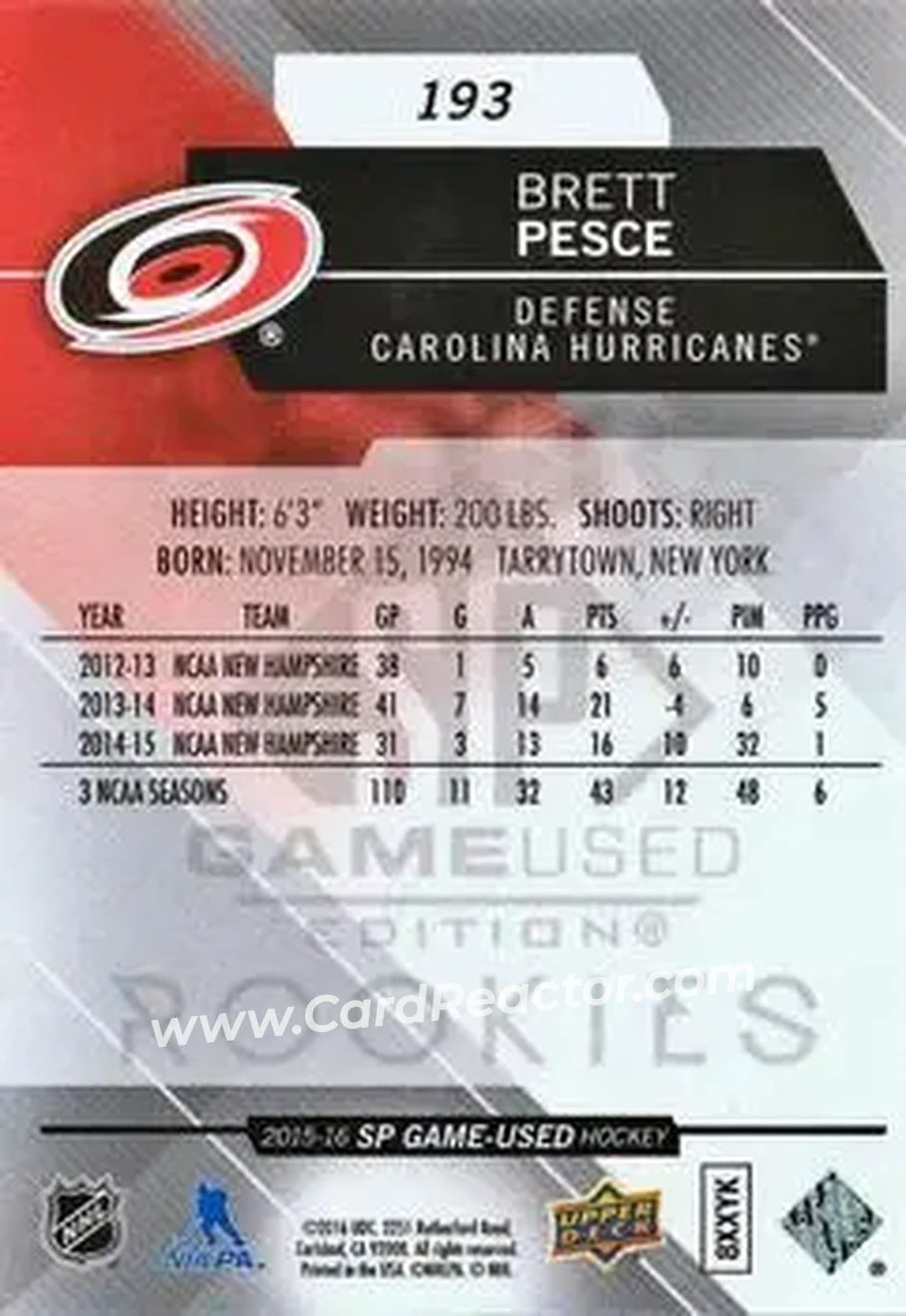 2015-16 SP Game Used #193 - Brett Pesce - Carolina Hurricanes - Back