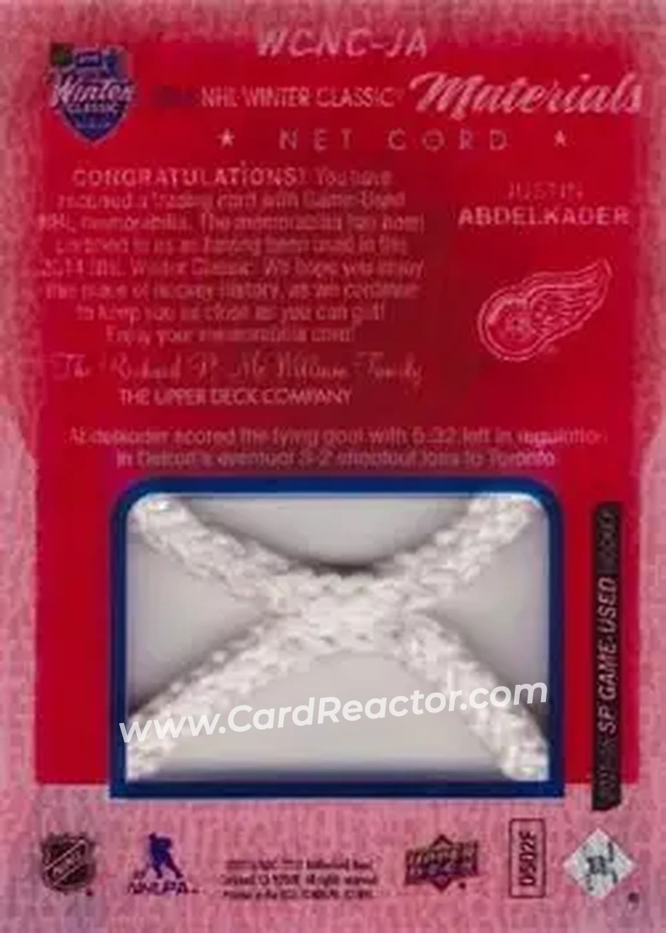 2015-16 SP Game Used - 2014 Winter Classic Net Cord Red Light #WCNC-JA - Justin Abdelkader - Detroit Red Wings - Back