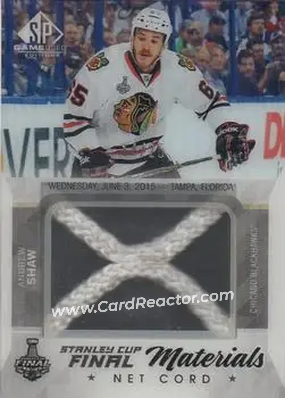 2015-16 SP Game Used - 2015 Stanley Cup Finals Net Cord #SCNC-AN - Andrew Shaw - Chicago Blackhawks - Front 2015-16 SP Game Used - 2015 Stanley Cup Finals Net Cord #SCNC-AN - Andrew Shaw - Chicago Blackhawks - Front