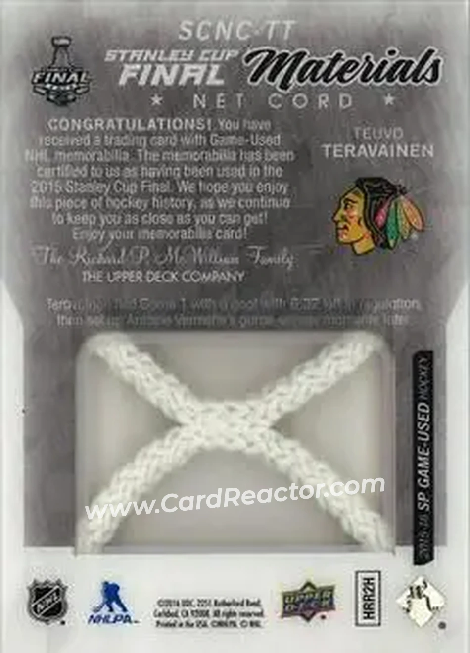 2015-16 SP Game Used - 2015 Stanley Cup Finals Net Cord #SCNC-TT - Teuvo Teravainen - Chicago Blackhawks - Back