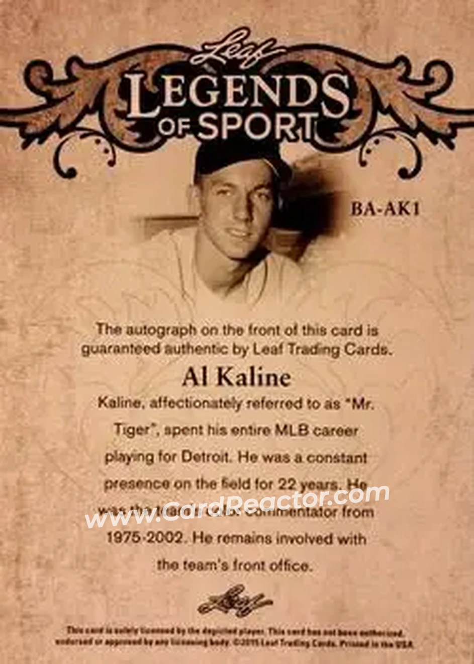 2015 Leaf Legends of Sport #BA-AK1 - Al Kaline - Detroit Tigers - Back