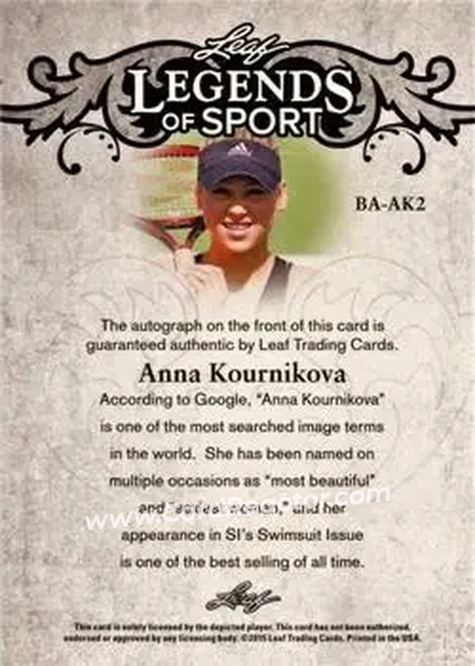 2015 Leaf Legends of Sport #BA-AK2 - Anna Kournikova - Back