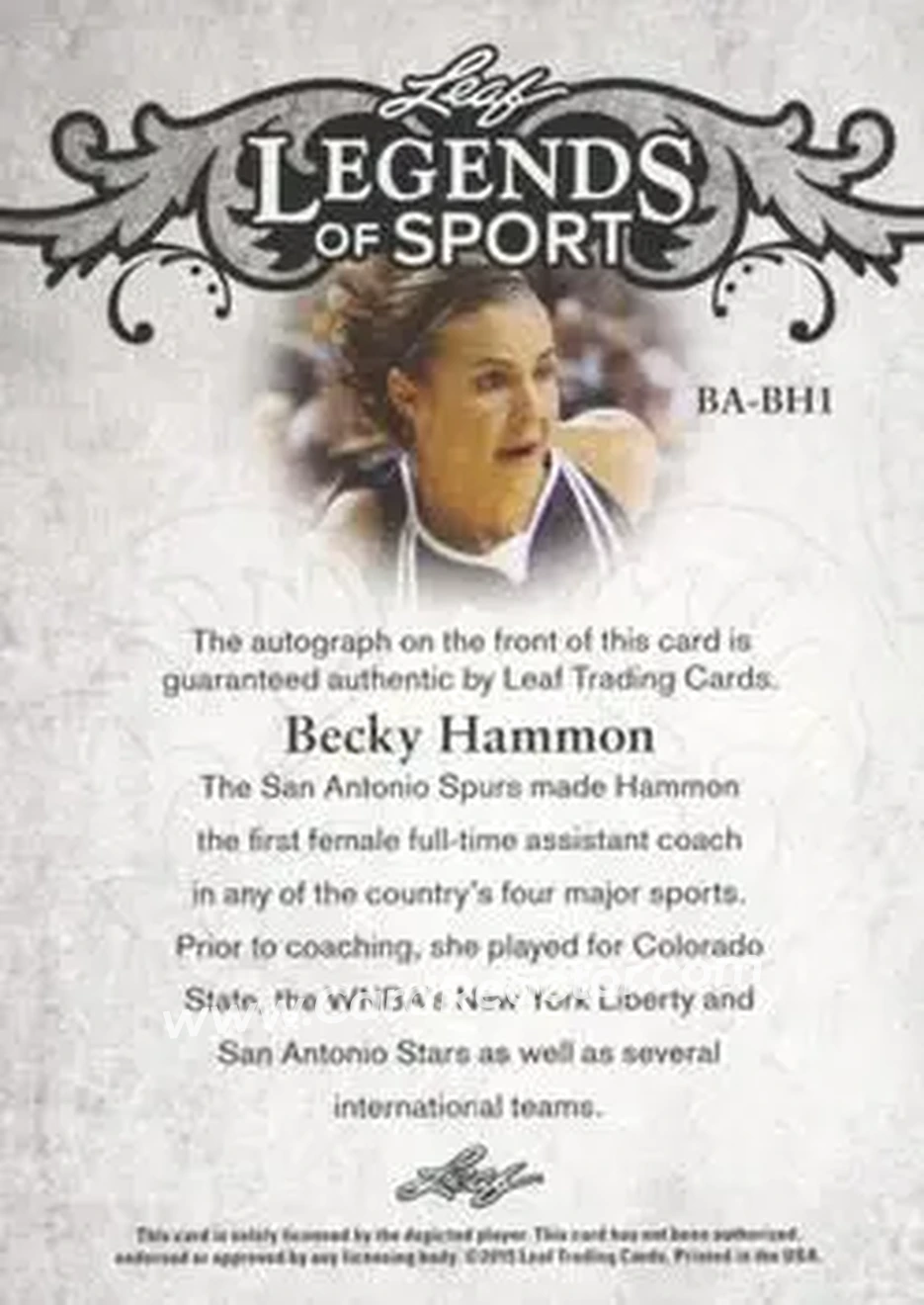 2015 Leaf Legends of Sport #BA-BH1 - Becky Hammon - Back