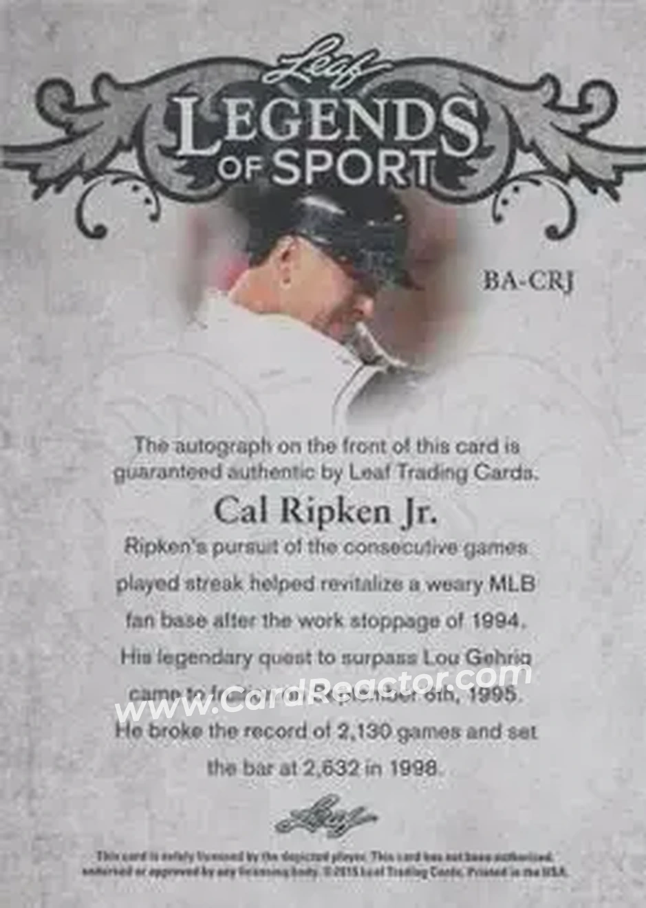 2015 Leaf Legends of Sport #BA-CRJ - Cal Ripken - Back
