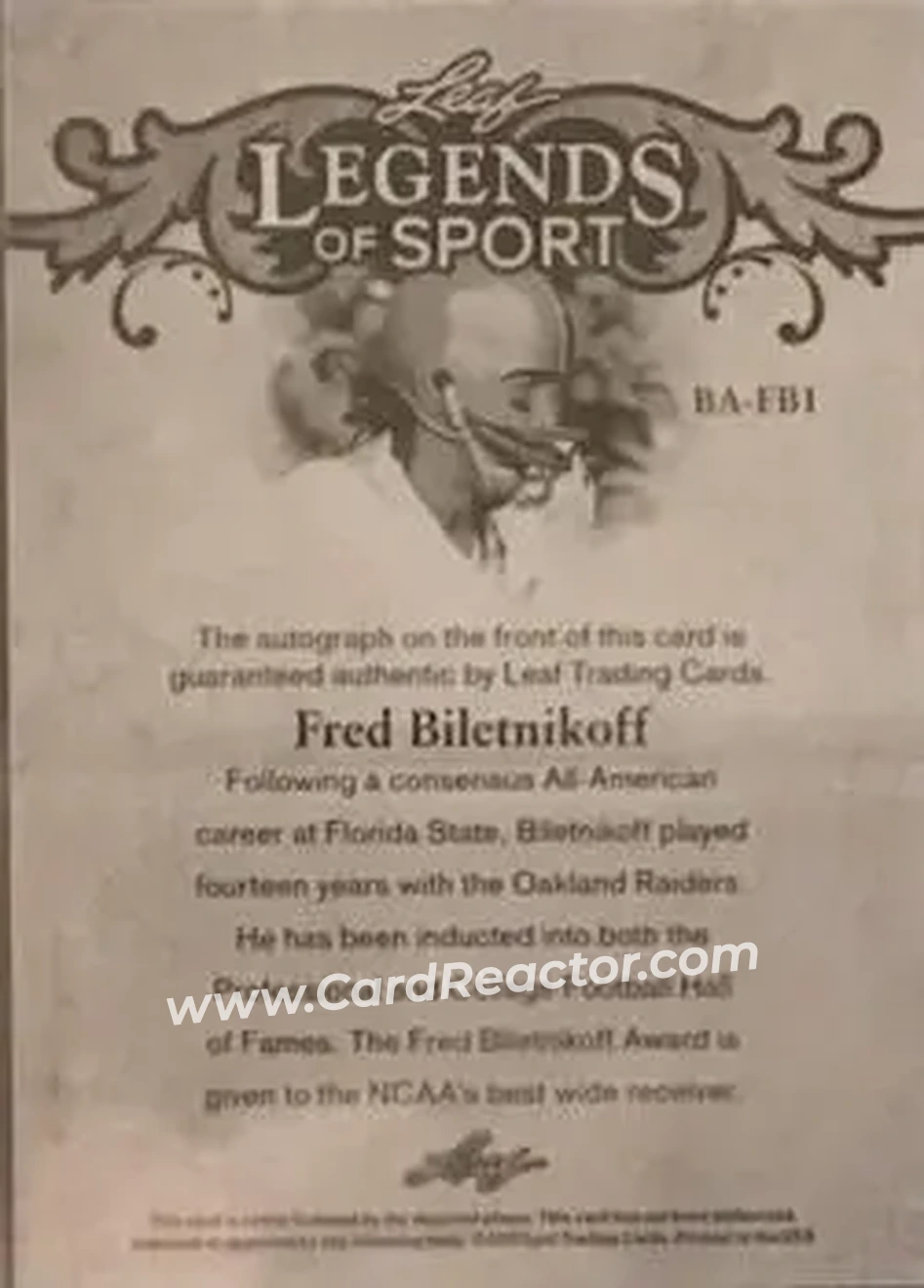 2015 Leaf Legends of Sport #BA-FB1 - Fred Biletnikoff - Oakland Raiders - Back