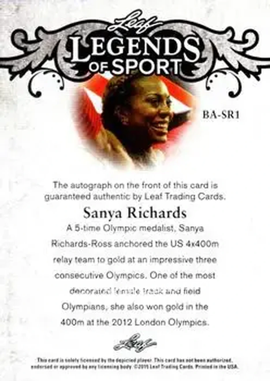 2015 Leaf Legends of Sport #BA-SR1 - Sanya Richards - Back