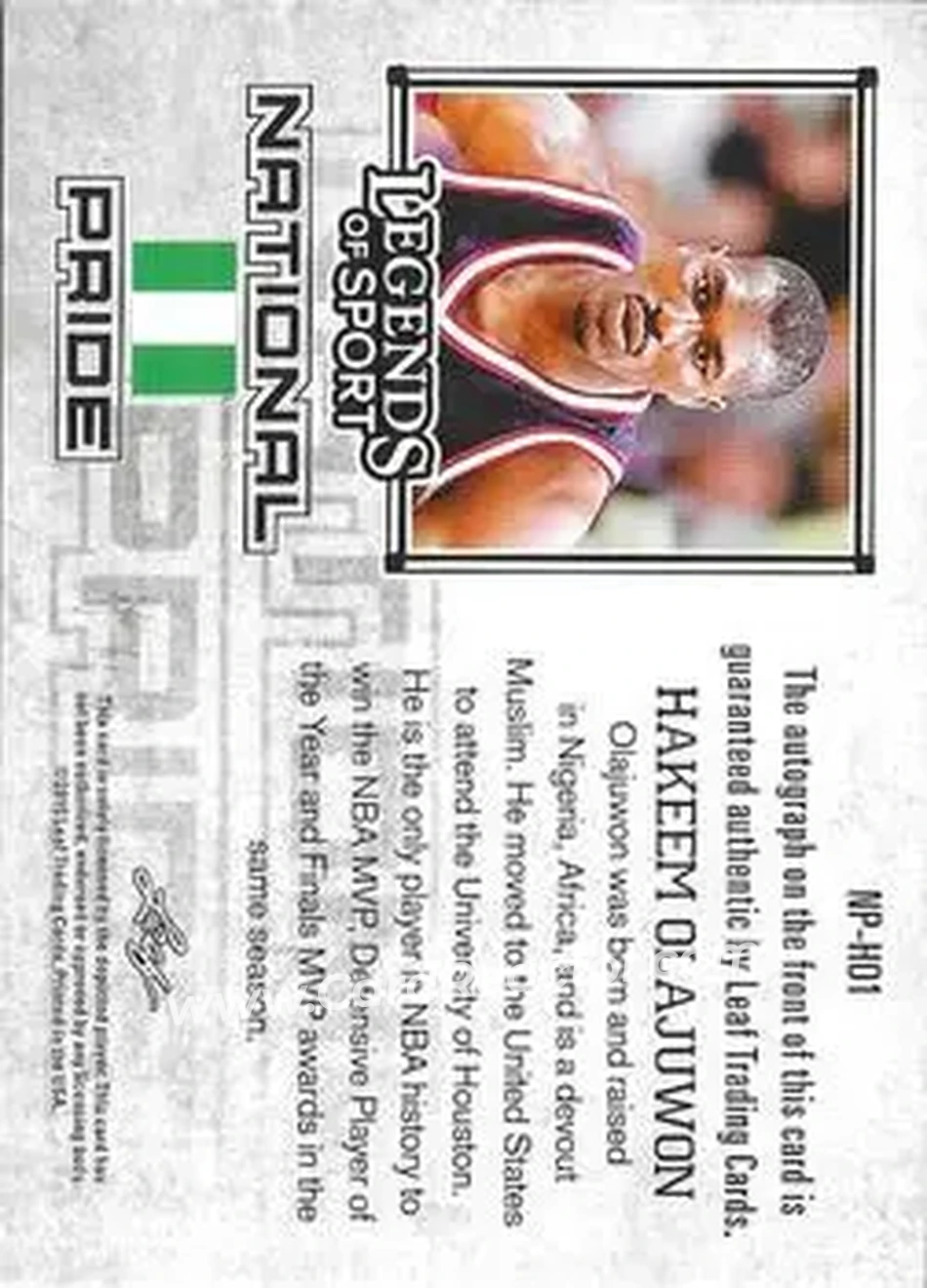 2015 Leaf Legends of Sport - National Pride Autographs - Bronze Foil #NP-HO1 - Hakeem Olajuwon - Houston Rockets - Back 2015 Leaf Legends of Sport - National Pride Autographs - Bronze Foil #NP-HO1 - Hakeem Olajuwon - Houston Rockets - Back
