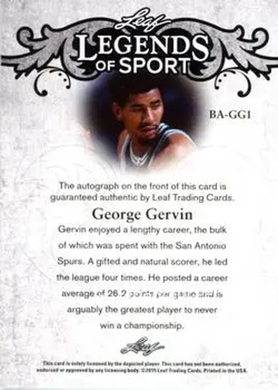 2015 Leaf Legends of Sport - Emerald Foil #BA-GG1 - George Gervin - Back 2015 Leaf Legends of Sport - Emerald Foil #BA-GG1 - George Gervin - Back