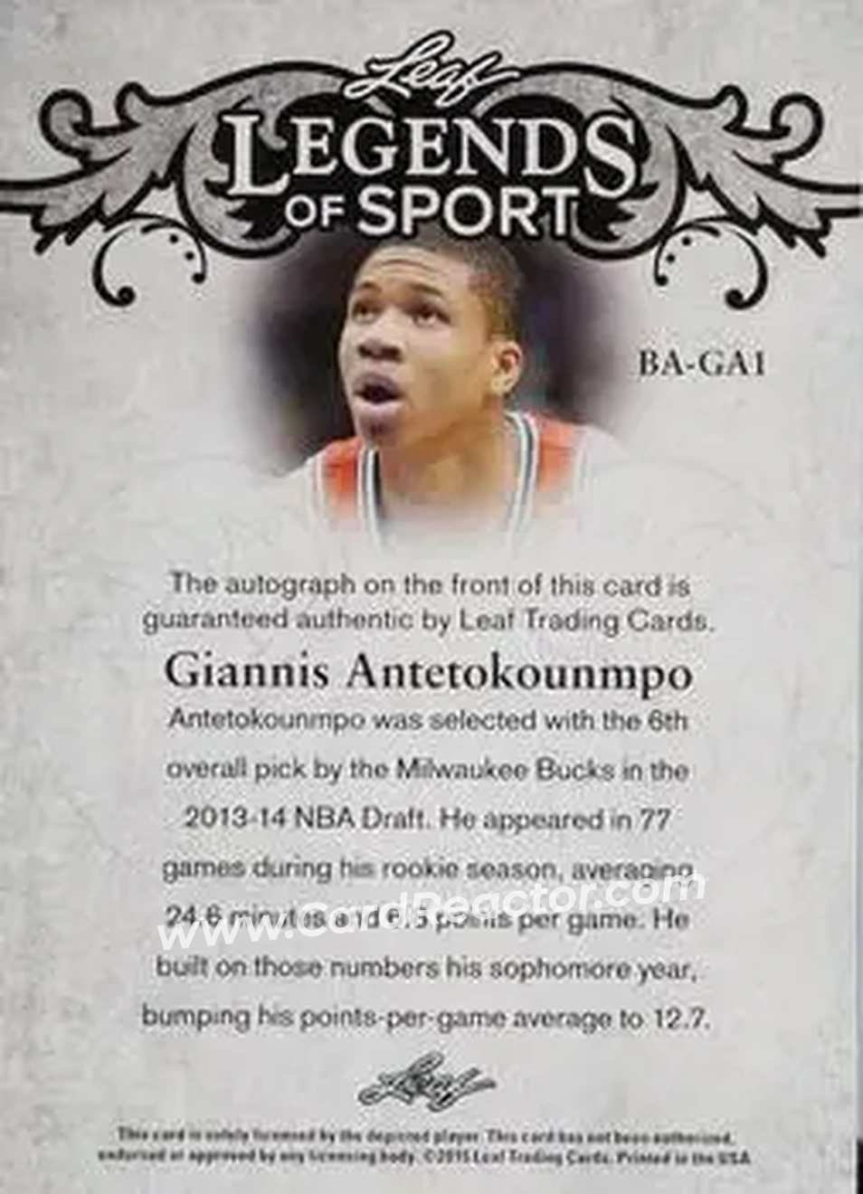 2015 Leaf Legends of Sport - Gold Foil #BA-GA1 - Giannis Antetokounmpo - Back