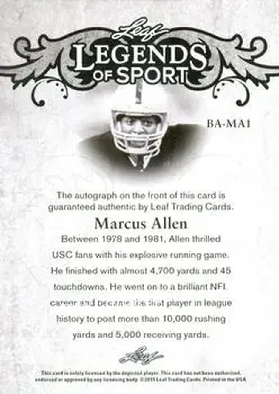 2015 Leaf Legends of Sport - Gold Foil #BA-MA1 - Marcus Allen - Los Angeles Raiders - Back
