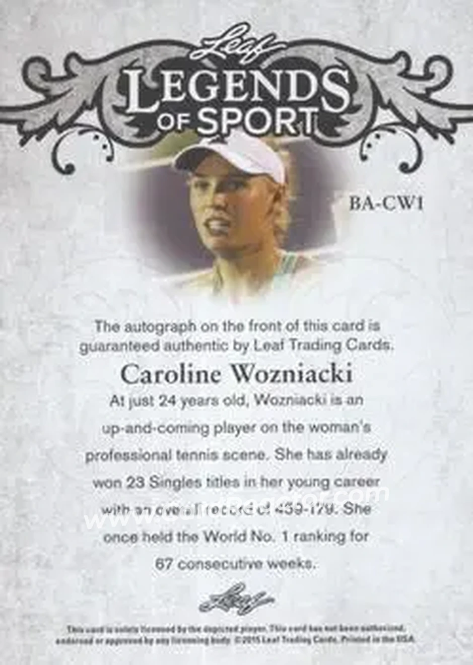 2015 Leaf Legends of Sport - Silver Foil #BA-CW1 - Caroline Wozniacki - Back