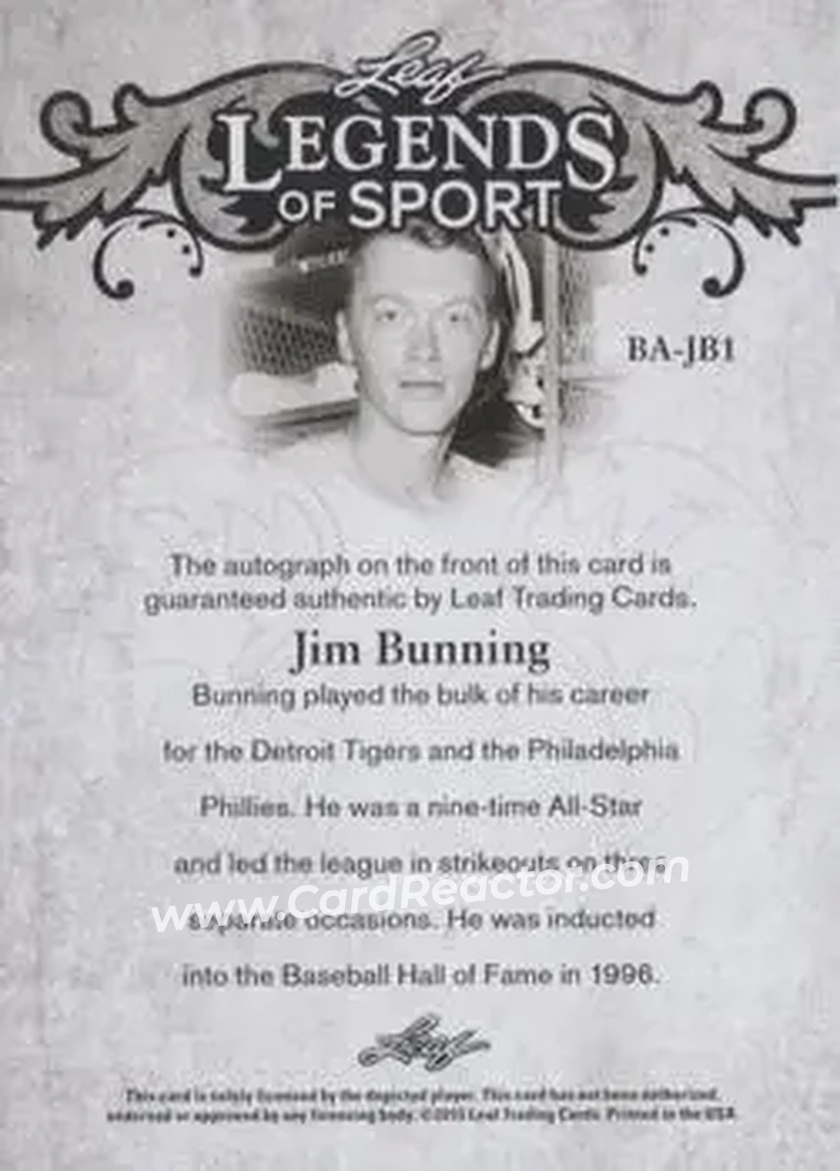 2015 Leaf Legends of Sport - Silver Foil #BA-JB1 - Jim Bunning - Philadelphia Phillies - Back 2015 Leaf Legends of Sport - Silver Foil #BA-JB1 - Jim Bunning - Philadelphia Phillies - Back