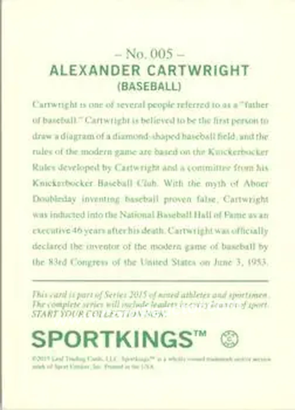 2015 Leaf Sportkings #005 - Alexander Cartwright - Back
