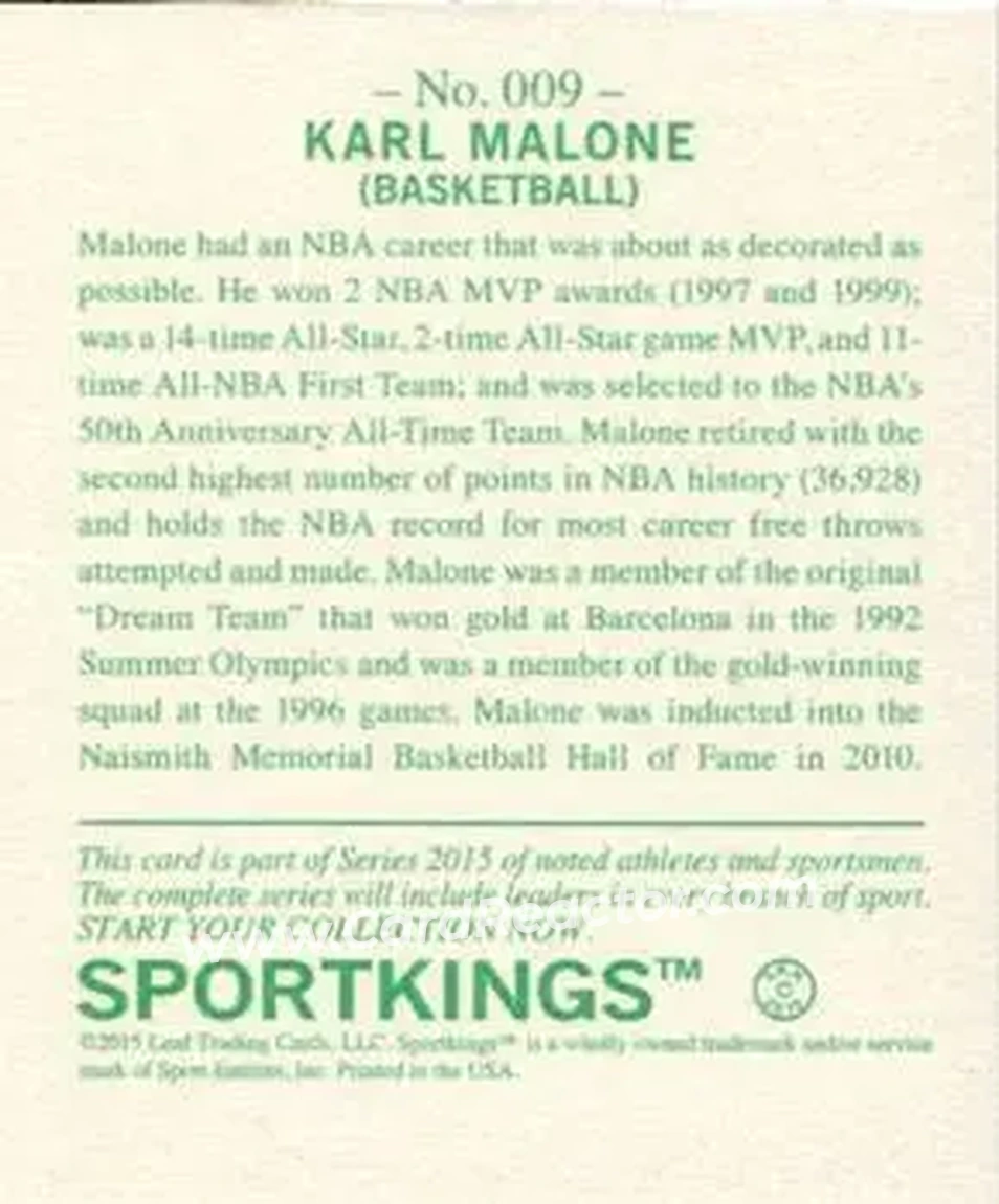 2015 Leaf Sportkings #009 - Karl Malone - Utah Jazz - Back