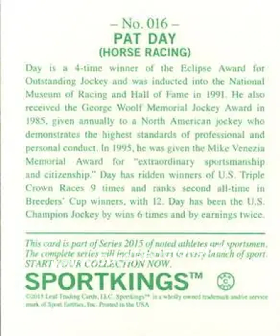 2015 Leaf Sportkings #016 - Pat Day - Back