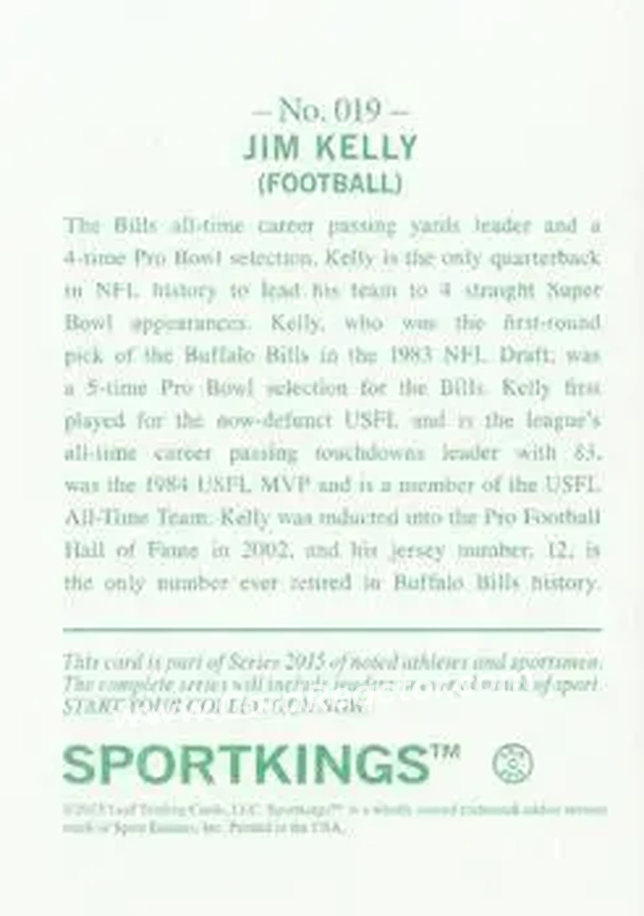 2015 Leaf Sportkings #019 - Jim Kelly - Buffalo Bills - Back