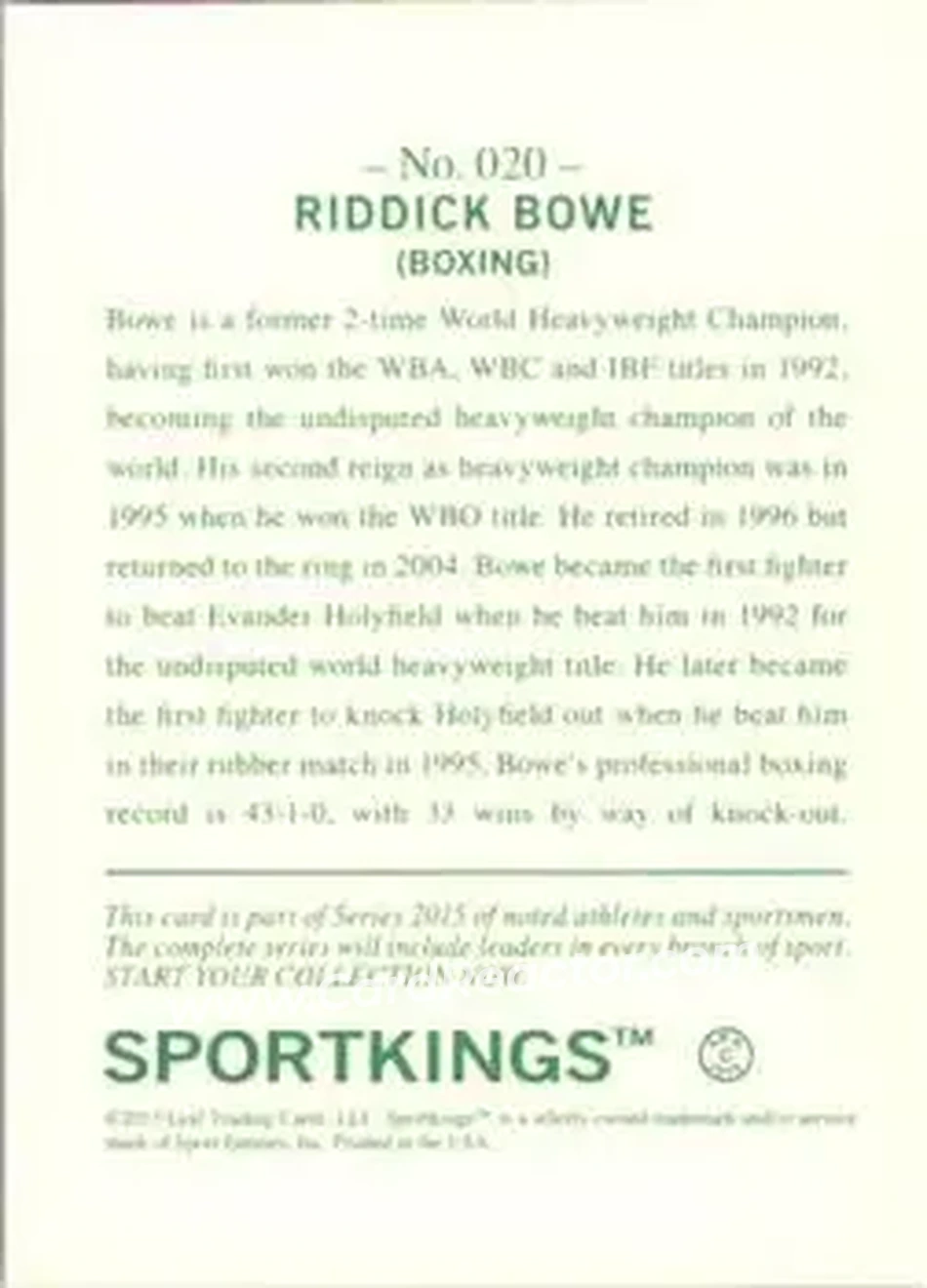 2015 Leaf Sportkings #020 - Riddick Bowe - Back