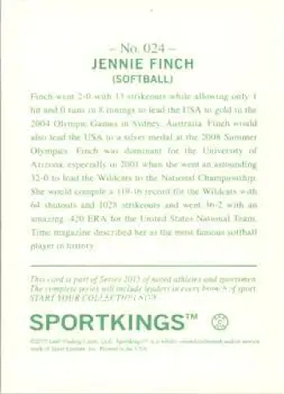 2015 Leaf Sportkings #024 - Jennie Finch - Back 2015 Leaf Sportkings #024 - Jennie Finch - Back