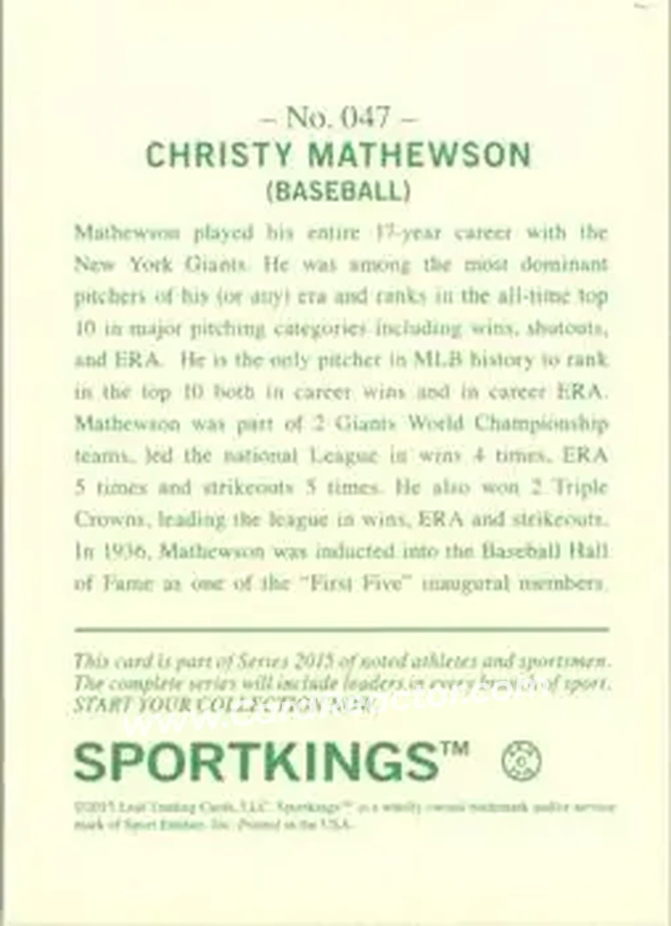 2015 Leaf Sportkings #047 - Christy Mathewson - New York Giants - Back