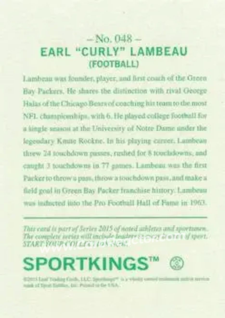 2015 Leaf Sportkings #048 - Curly Lambeau - Green Bay Packers - Back