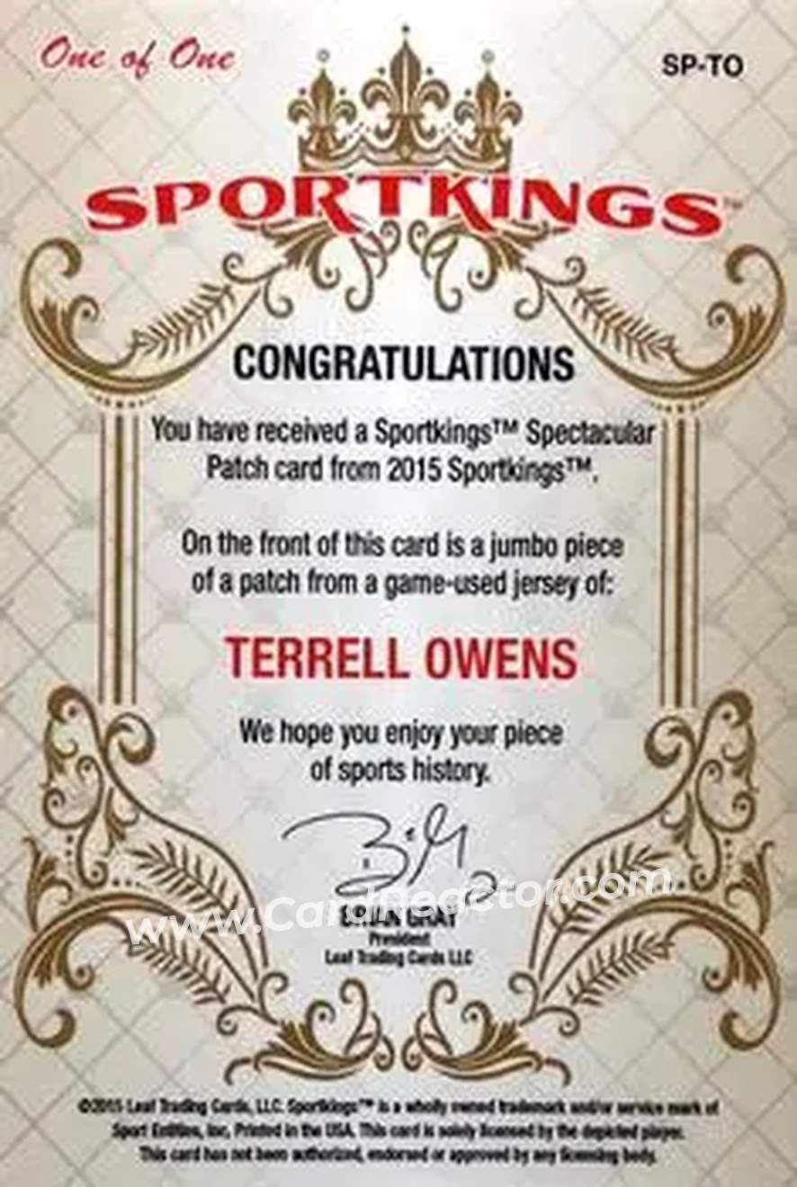 2015 Leaf Sportkings - Spectacular Patch #SP-WR - Terrell Owens - Back