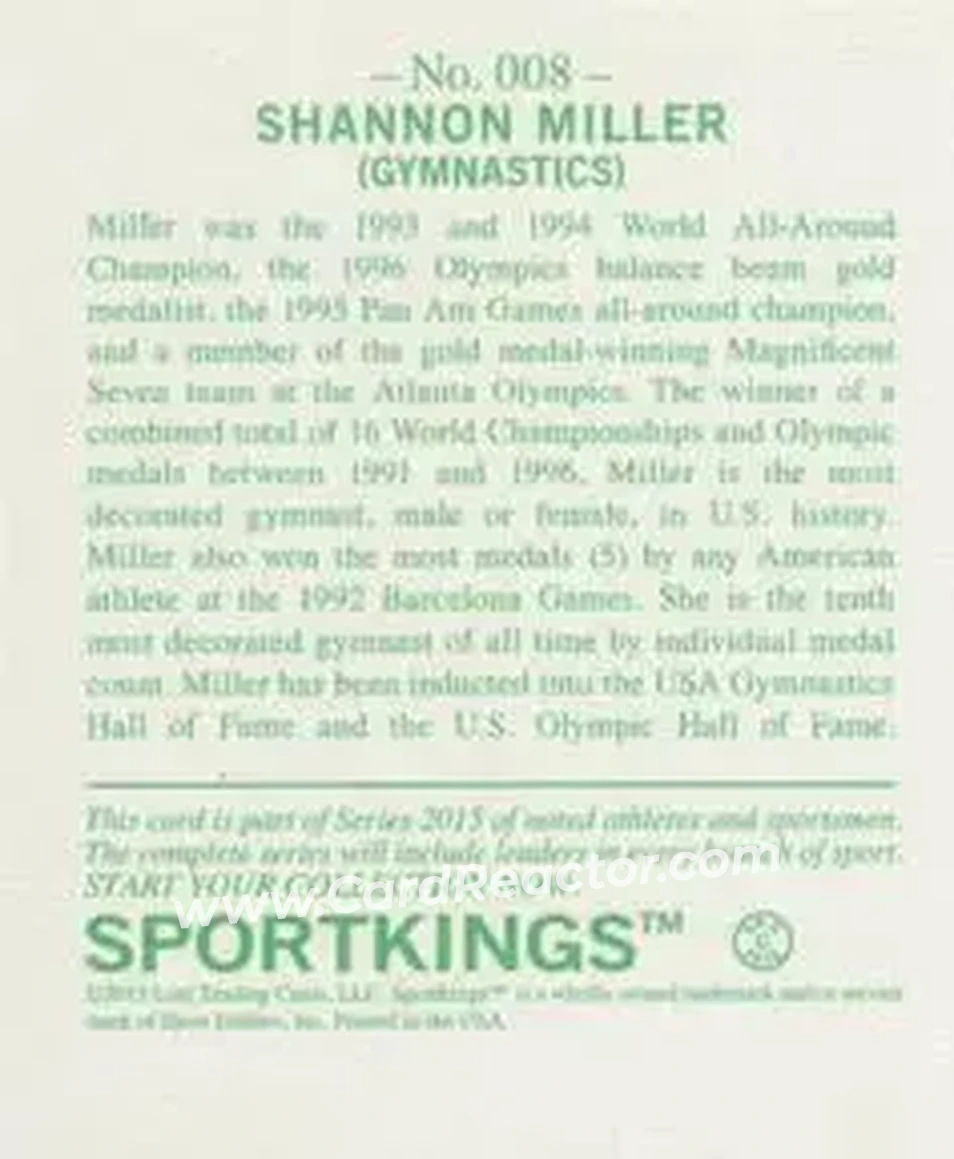 2015 Leaf Sportkings - Mini #008 - Shannon Miller - Back 2015 Leaf Sportkings - Mini #008 - Shannon Miller - Back