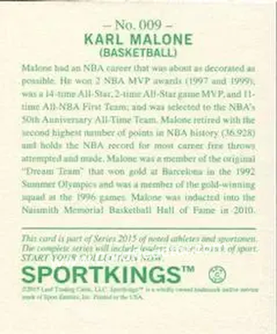 2015 Leaf Sportkings - Mini #009 - Karl Malone - Utah Jazz - Back 2015 Leaf Sportkings - Mini #009 - Karl Malone - Utah Jazz - Back