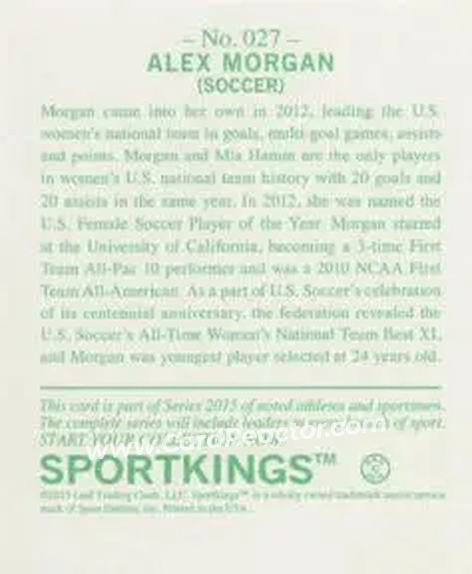 2015 Leaf Sportkings - Mini #027 - Alex Morgan - Back