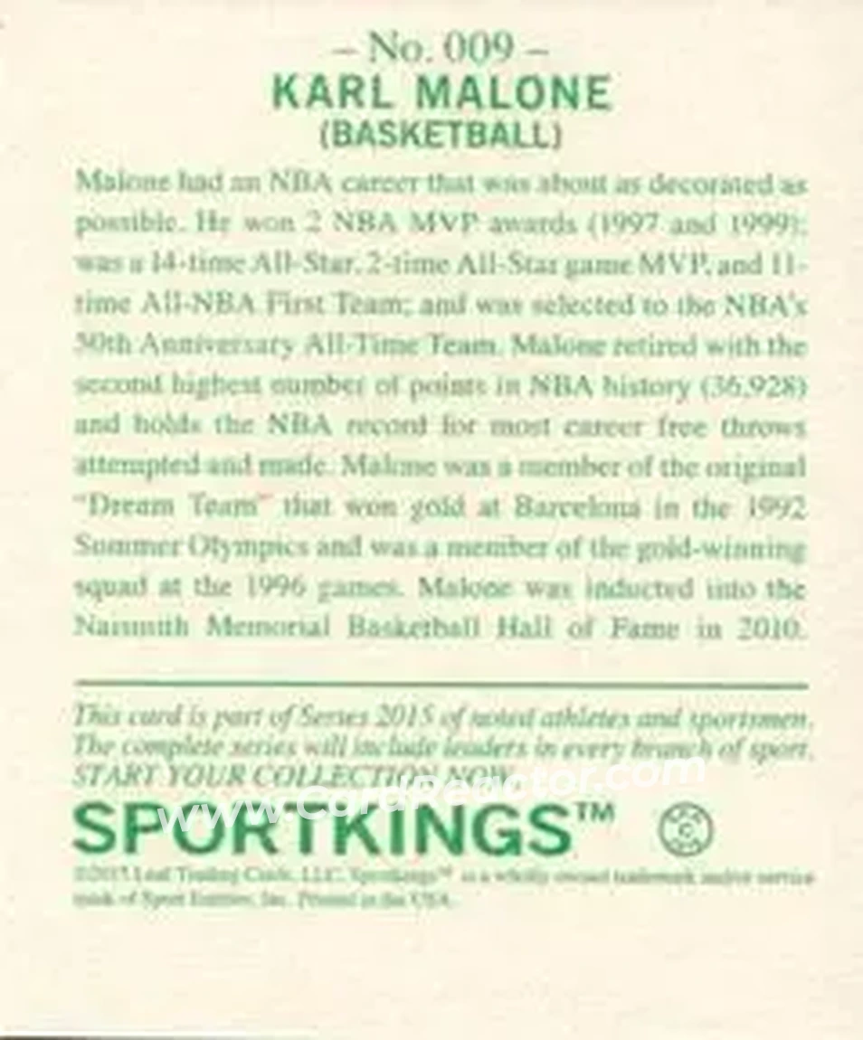 2015 Leaf Sportkings - Mini Gold #009 - Karl Malone - Utah Jazz - Back
