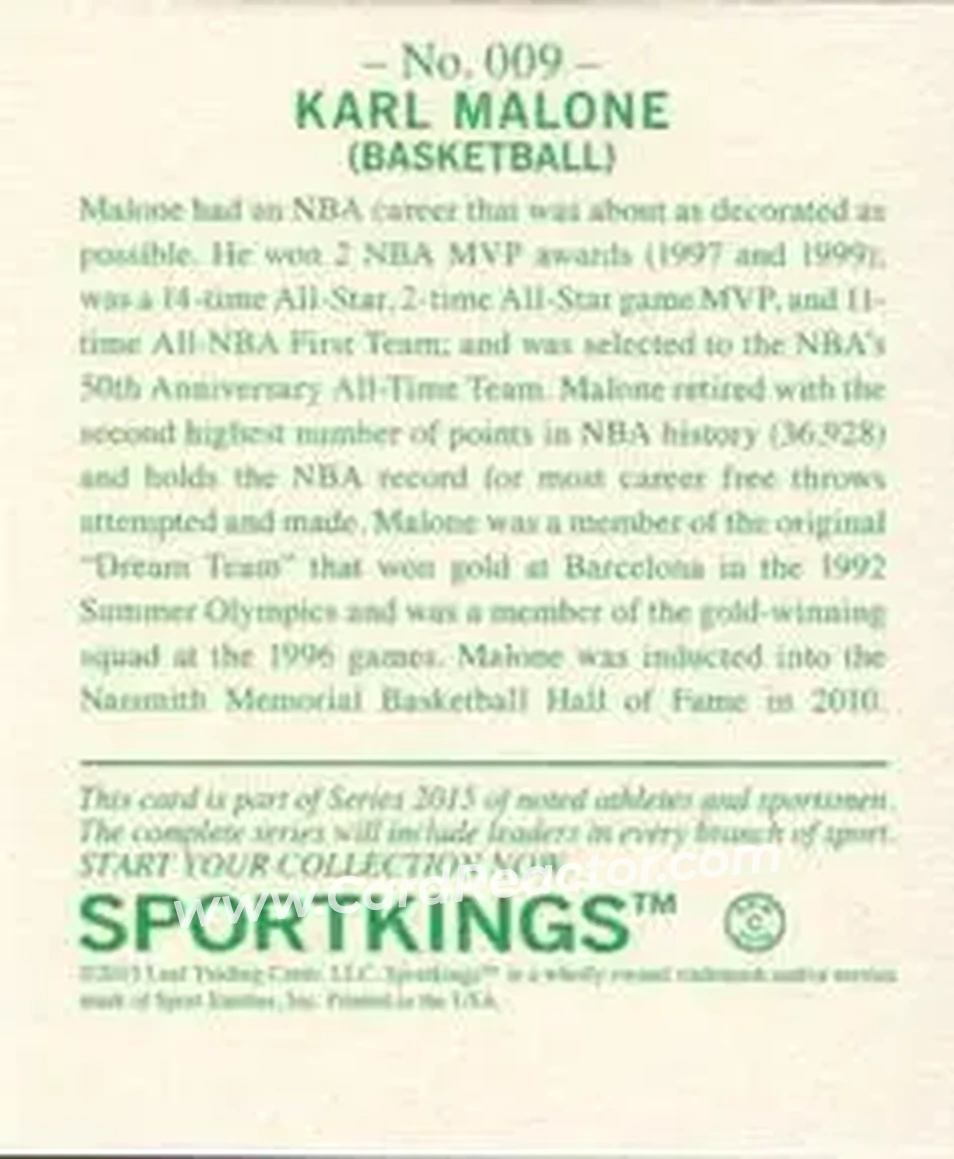 2015 Leaf Sportkings - Mini Green #009 - Karl Malone - Utah Jazz - Back