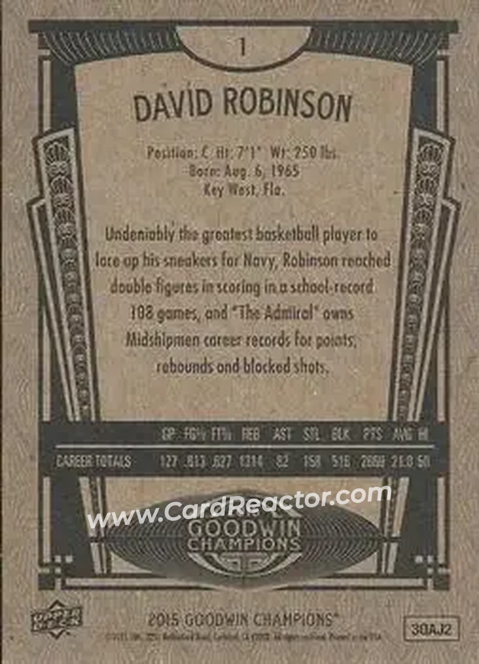 2015 Upper Deck Goodwin Champions #1 - David Robinson - Back
