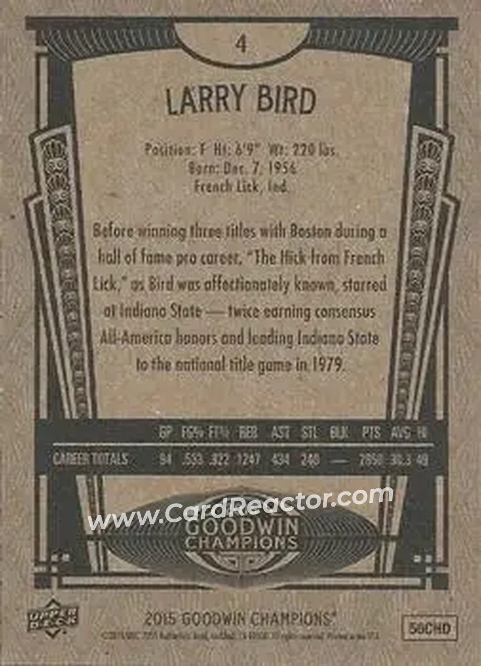 2015 Upper Deck Goodwin Champions #4 - Larry Bird - Back