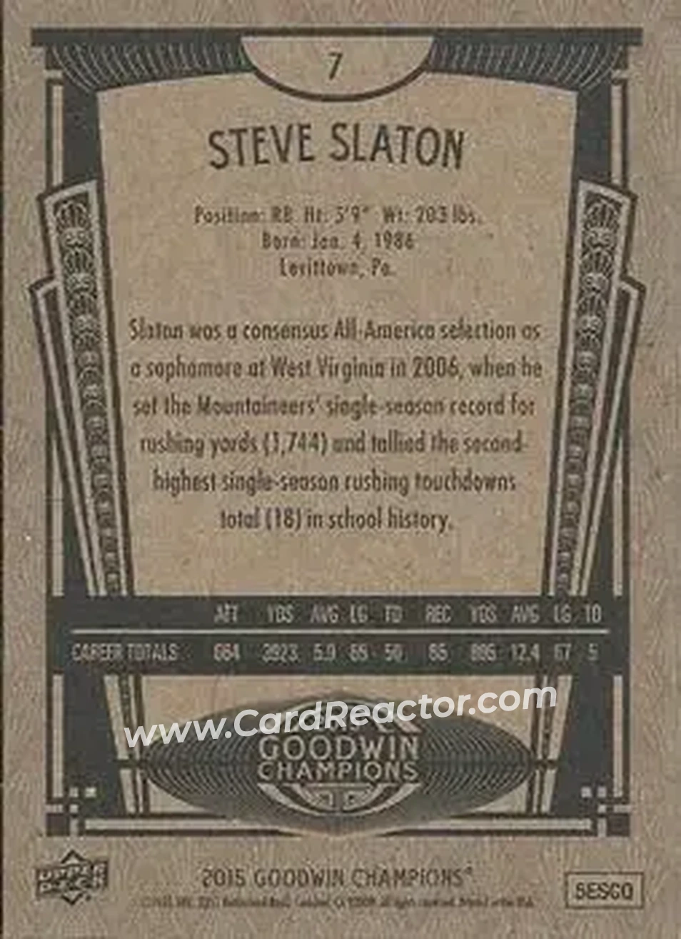 2015 Upper Deck Goodwin Champions #7 - Steve Slaton - Back