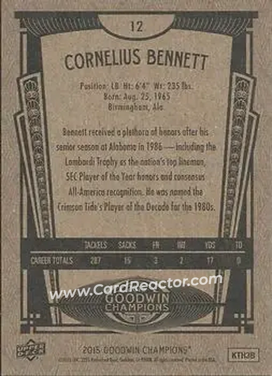 2015 Upper Deck Goodwin Champions #12 - Cornelius Bennett - Back