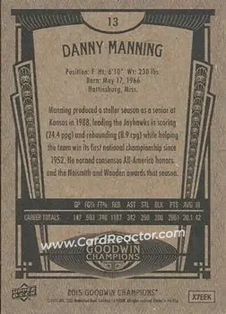 2015 Upper Deck Goodwin Champions #13 - Danny Manning - Back