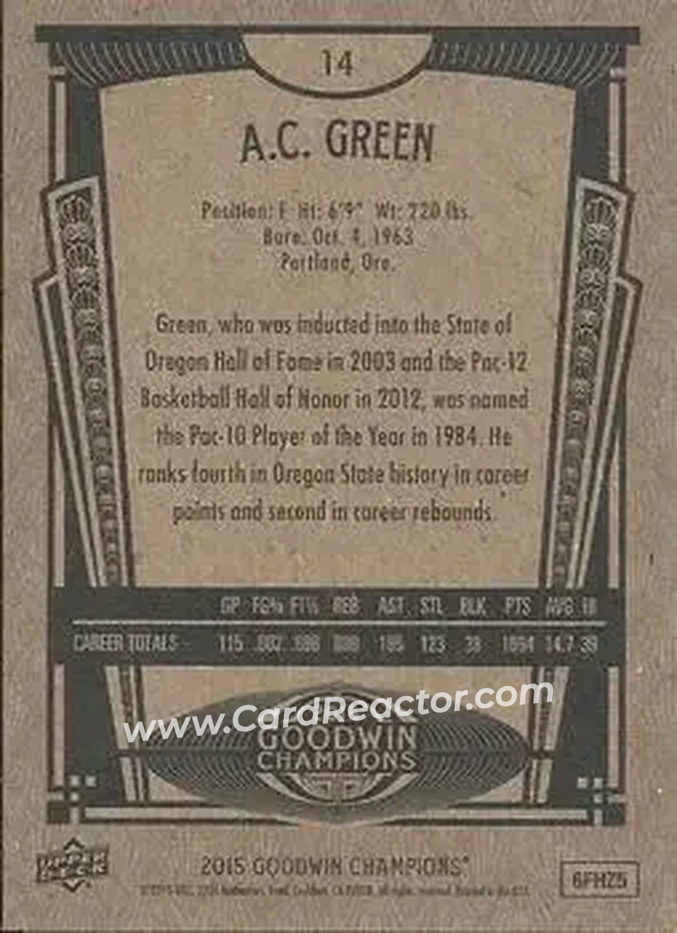 2015 Upper Deck Goodwin Champions #14 - A.C. Green - Back