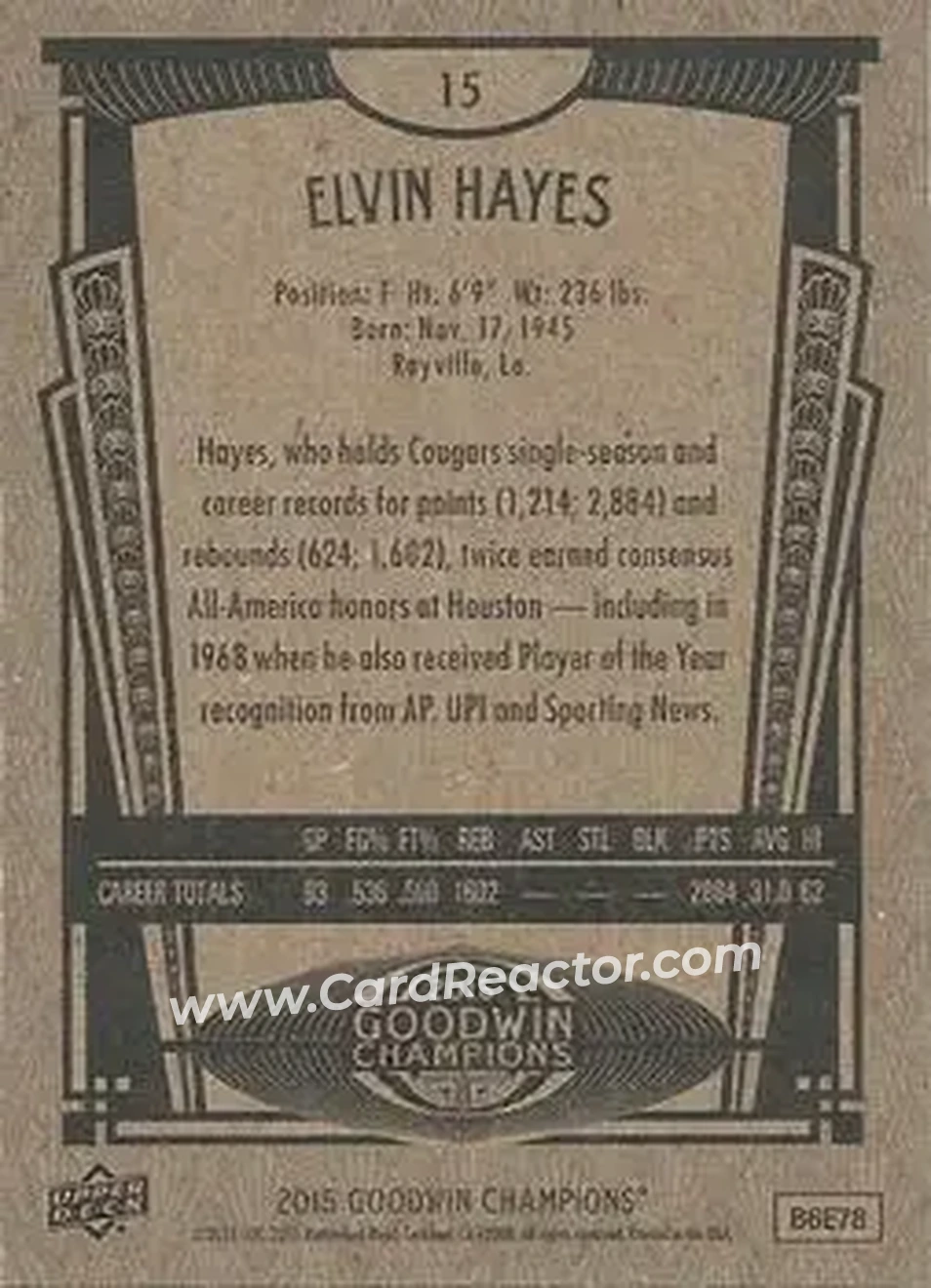 2015 Upper Deck Goodwin Champions #15 - Elvin Hayes - Back