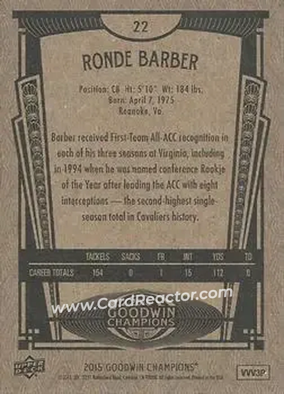 2015 Upper Deck Goodwin Champions #22 - Ronde Barber - Back