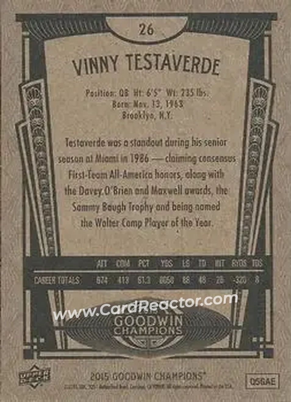 2015 Upper Deck Goodwin Champions #26 - Vinny Testaverde - Back