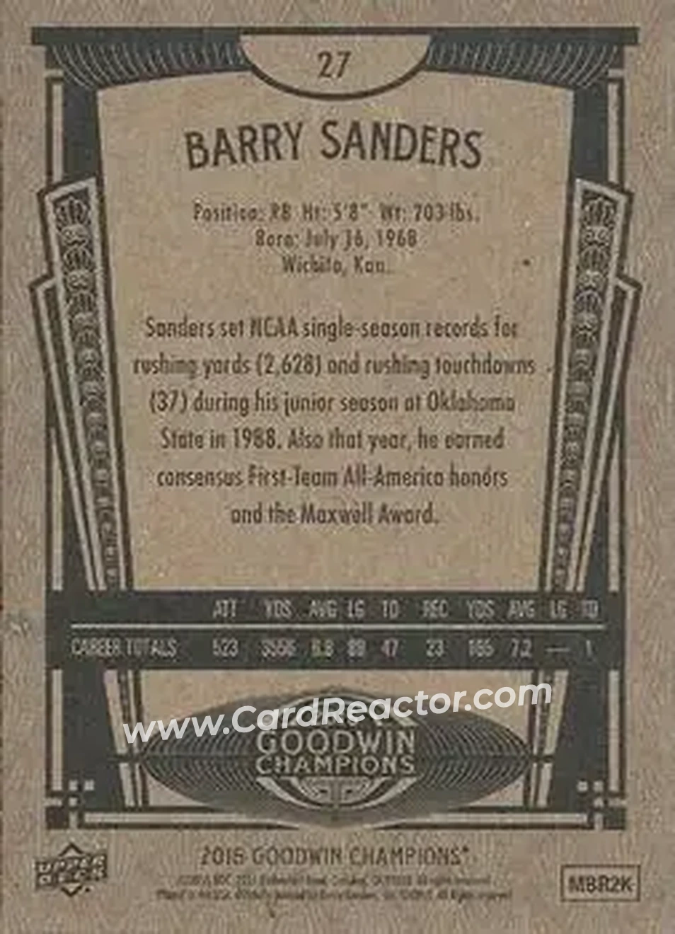 2015 Upper Deck Goodwin Champions #27 - Barry Sanders - Back