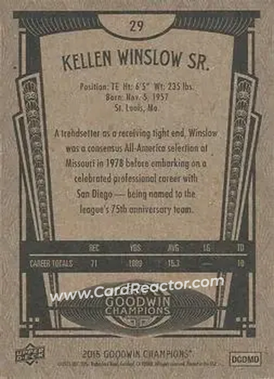 2015 Upper Deck Goodwin Champions #29 - Kellen Winslow Sr. (b.1957 TE) - Back