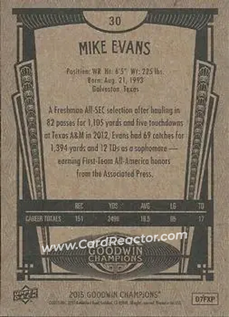 2015 Upper Deck Goodwin Champions #30 - Mike Evans - Back