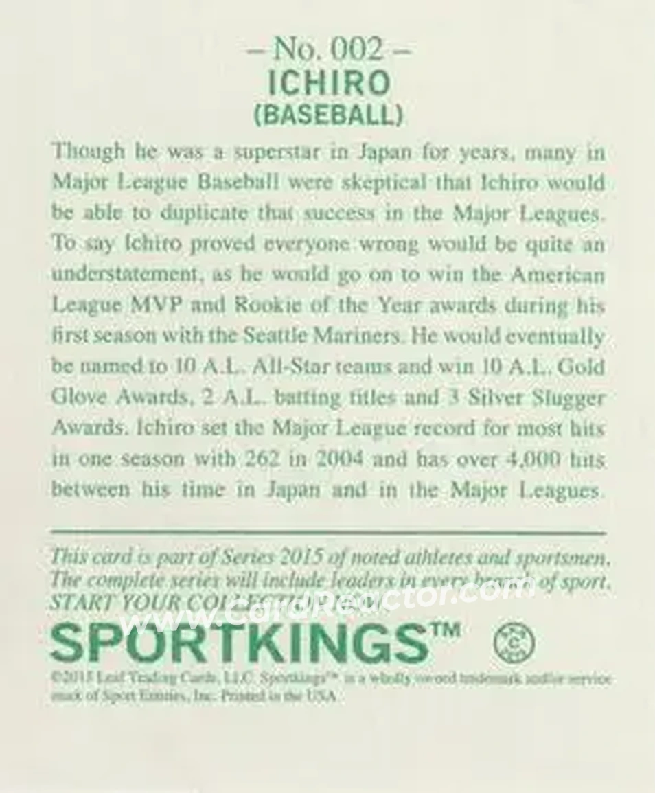 2015 Leaf Sportkings - Green #002 - Ichiro - Seattle Mariners - Back 2015 Leaf Sportkings - Green #002 - Ichiro - Seattle Mariners - Back