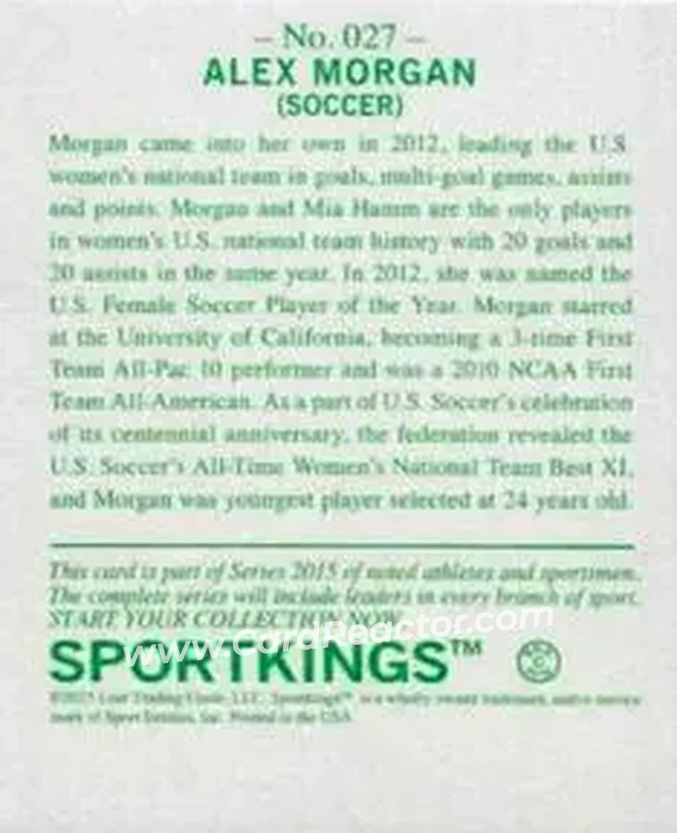 2015 Leaf Sportkings - Mini Green #027 - Alex Morgan - Back