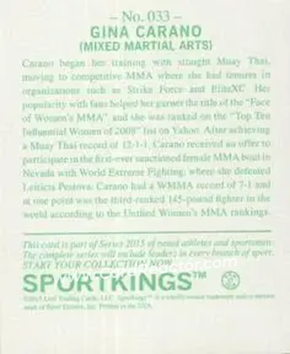 2015 Leaf Sportkings - Mini Green #033 - Gina Carano - Back 2015 Leaf Sportkings - Mini Green #033 - Gina Carano - Back