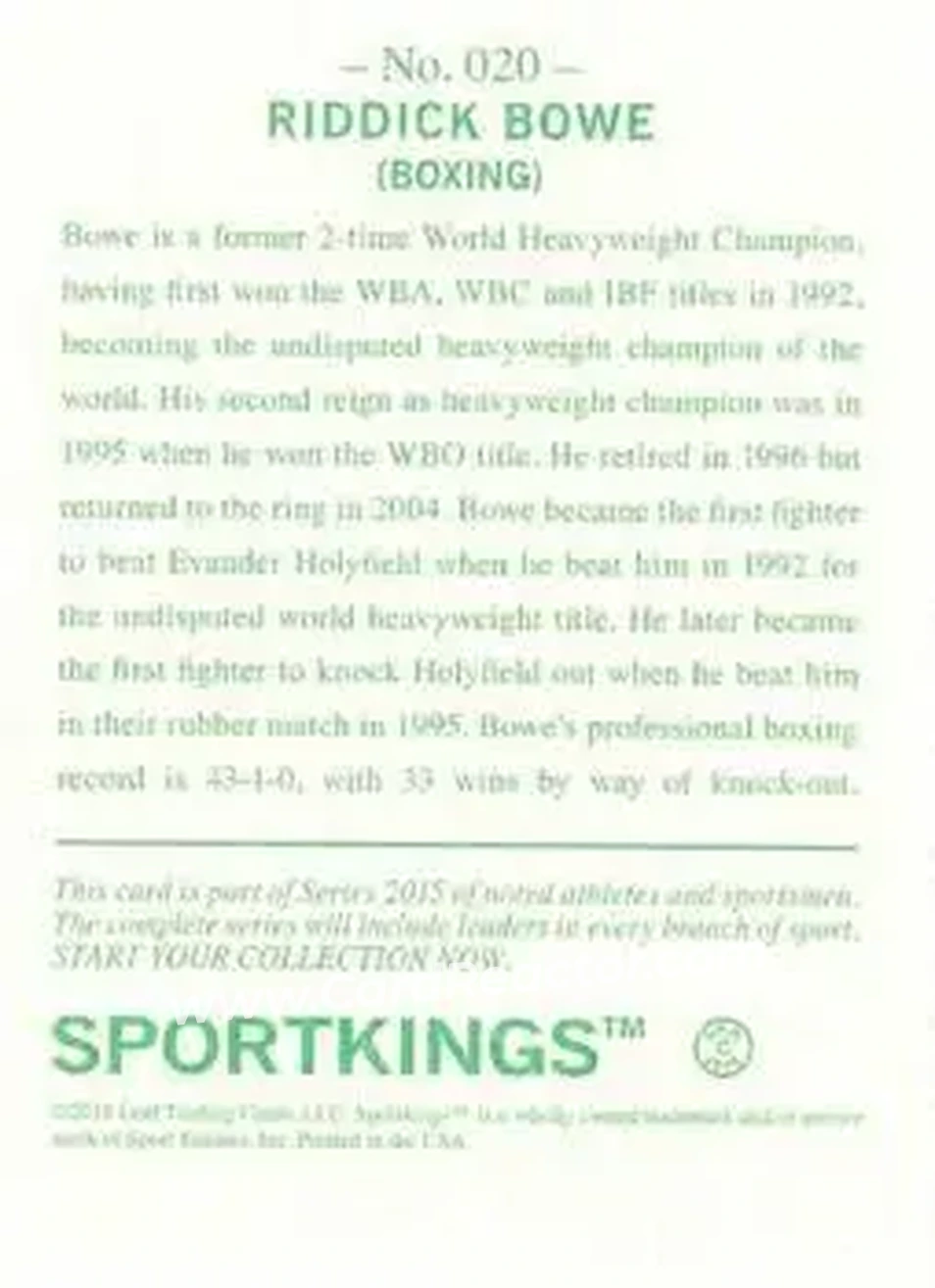 2015 Leaf Sportkings - Green #020 - Riddick Bowe - Back