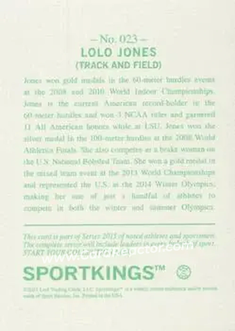2015 Leaf Sportkings - Green #023 - Lolo Jones - Back 2015 Leaf Sportkings - Green #023 - Lolo Jones - Back
